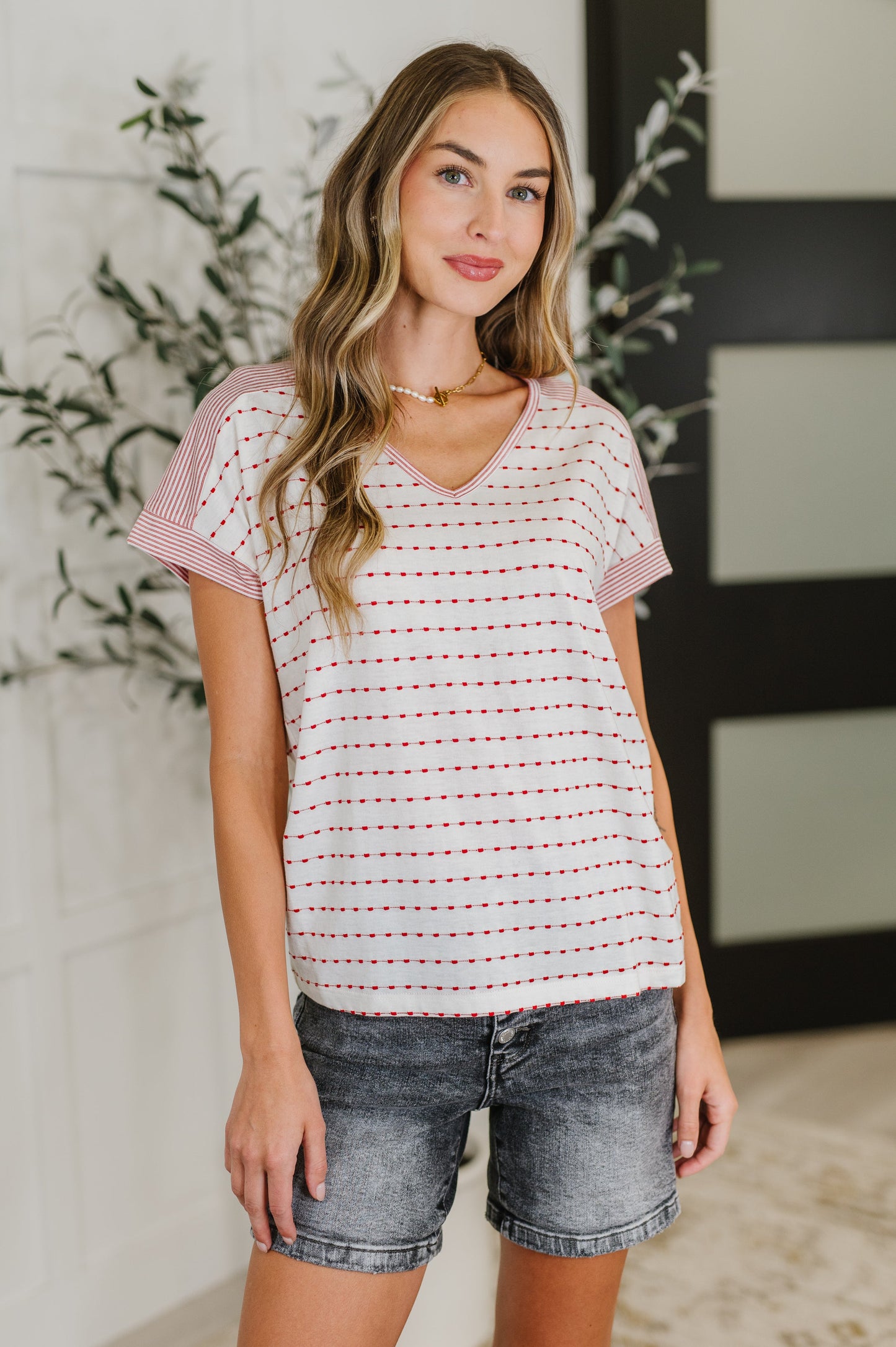 Stitched with Love V-Neck Top in Ivory and Red - Southern Divas Boutique