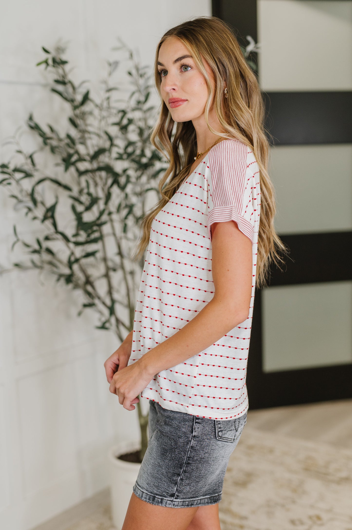 Stitched with Love V-Neck Top in Ivory and Red - Southern Divas Boutique