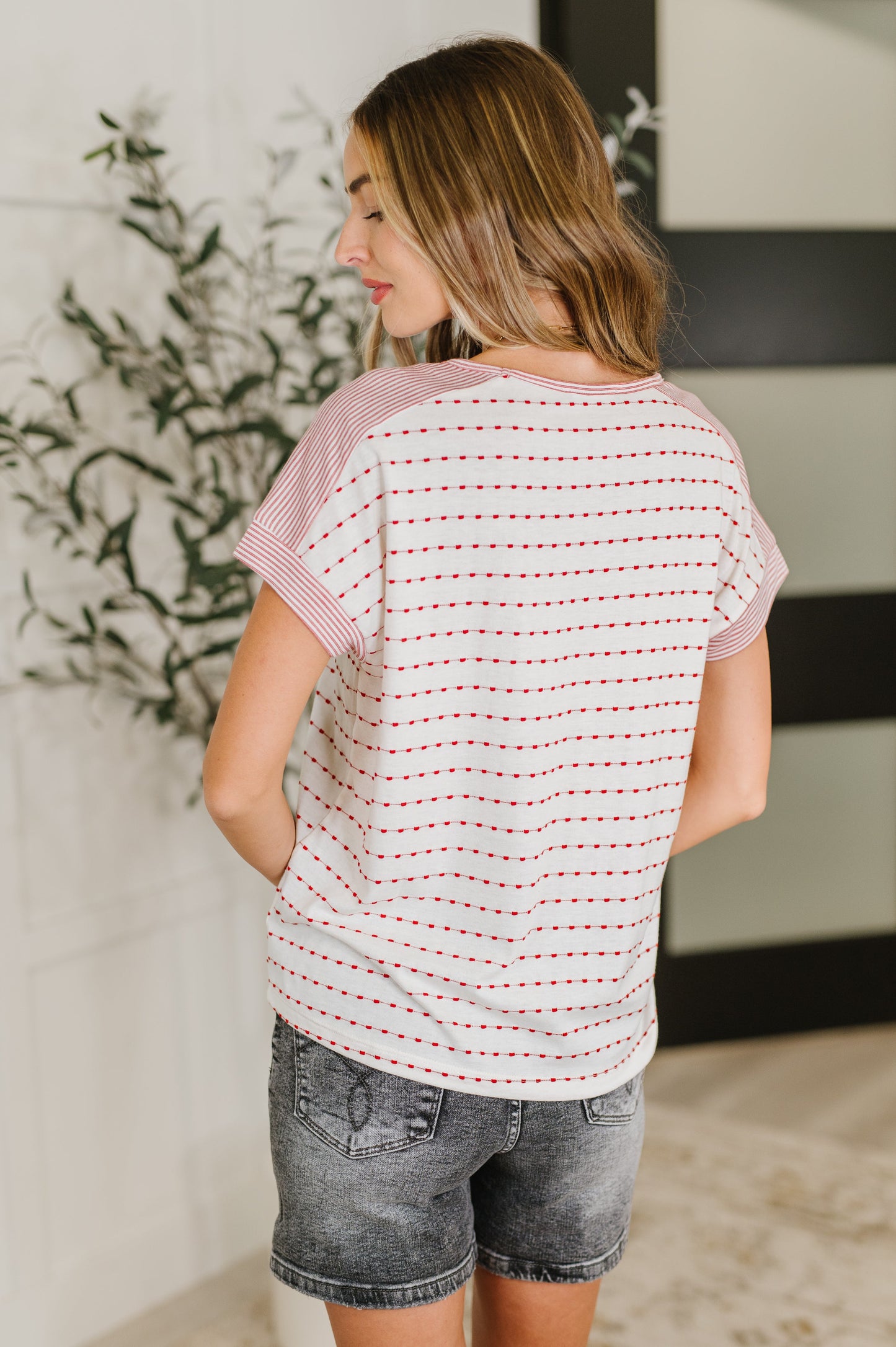 Stitched with Love V-Neck Top in Ivory and Red - Southern Divas Boutique