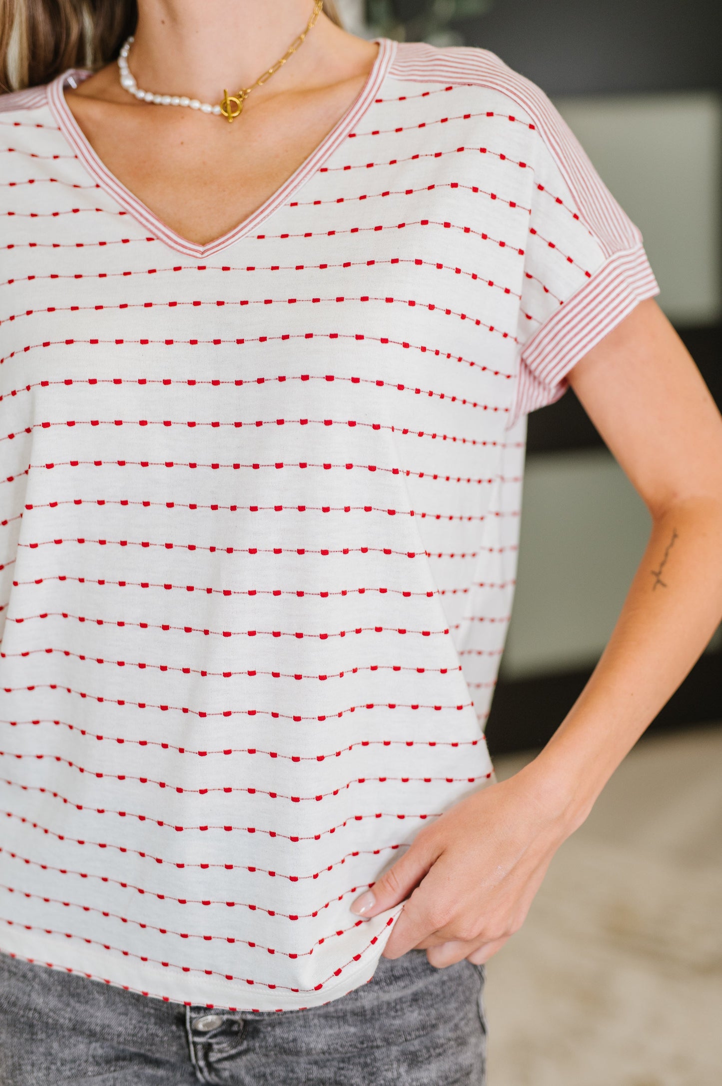 Stitched with Love V-Neck Top in Ivory and Red - Southern Divas Boutique