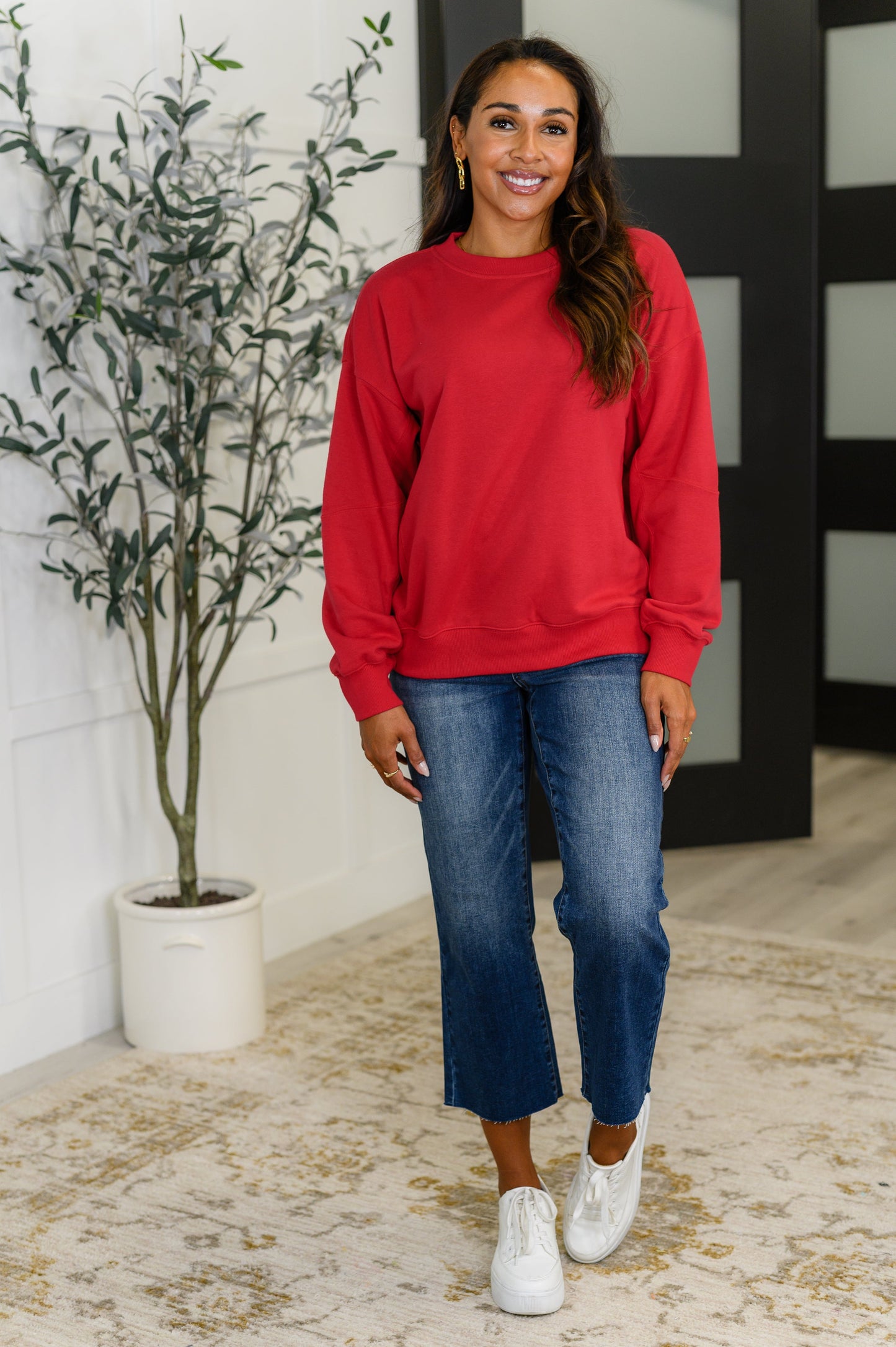 Sweet with a Side Eye Drop Shoulder Pullover in True Red - Southern Divas Boutique
