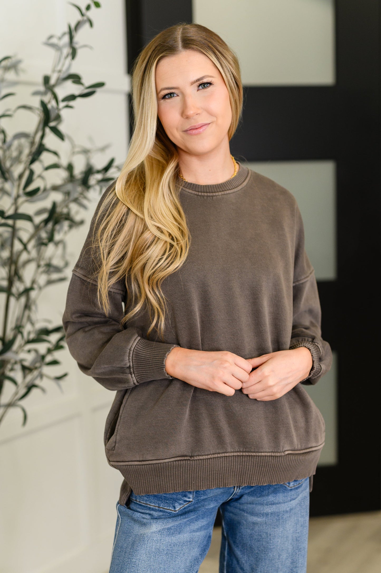 Talk Cozy to Me Stepped Hem Pullover in Brown - Southern Divas Boutique