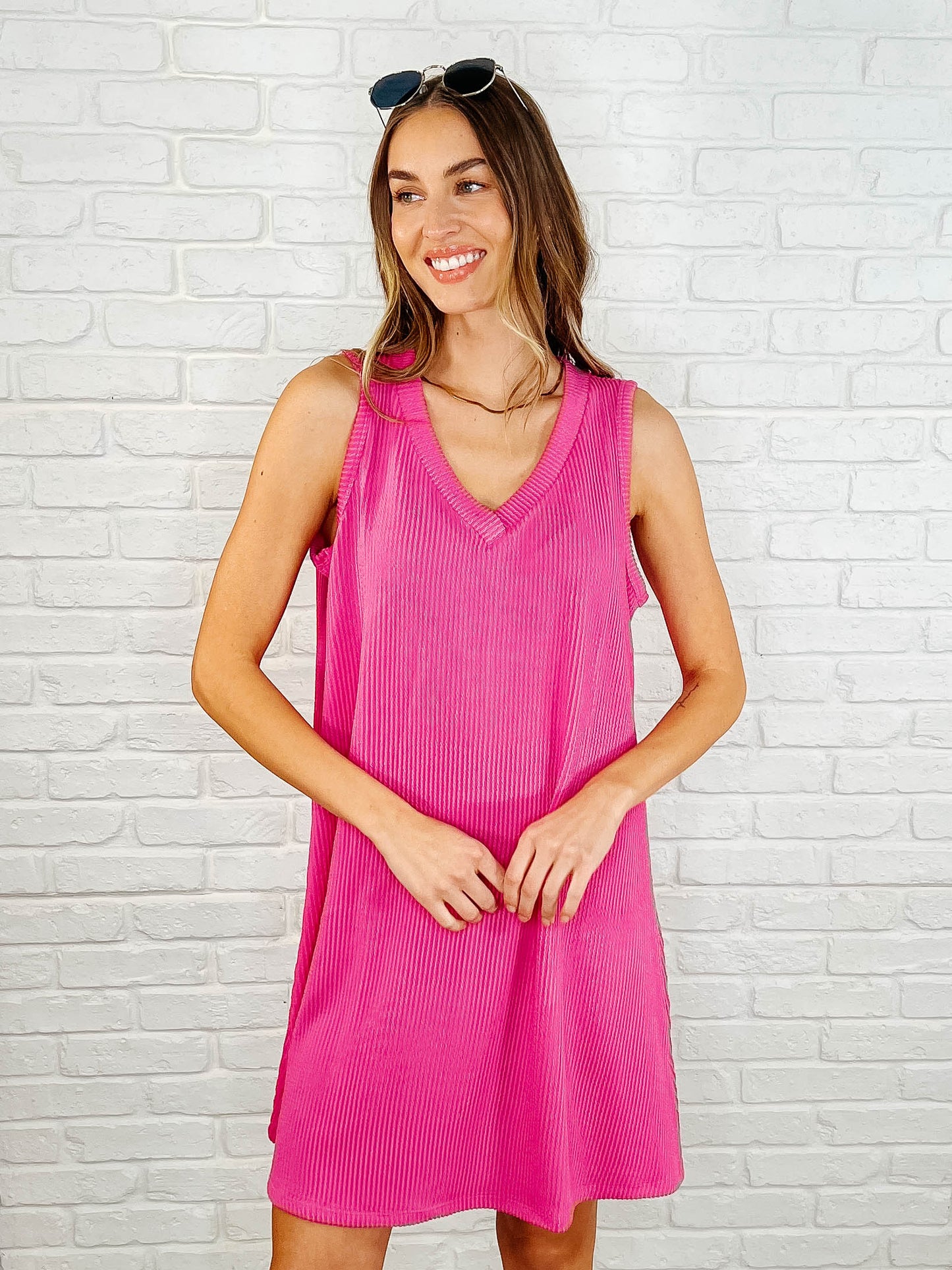 The Power I Hold V-Neck Ribbed Knit Dress in Fuchsia - Southern Divas Boutique