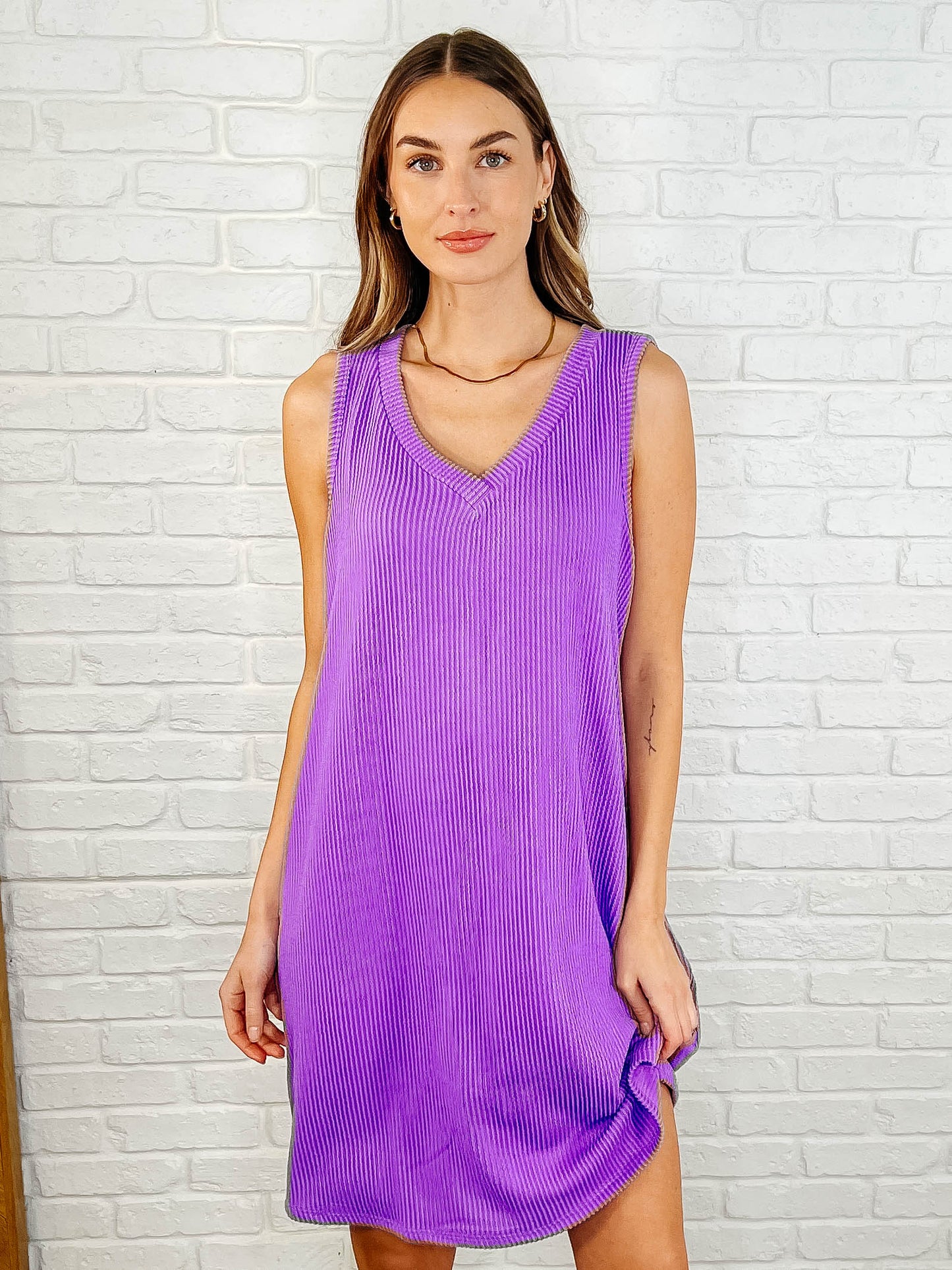 The Power I Hold V-Neck Ribbed Knit Dress in Tropical Violet - Southern Divas Boutique