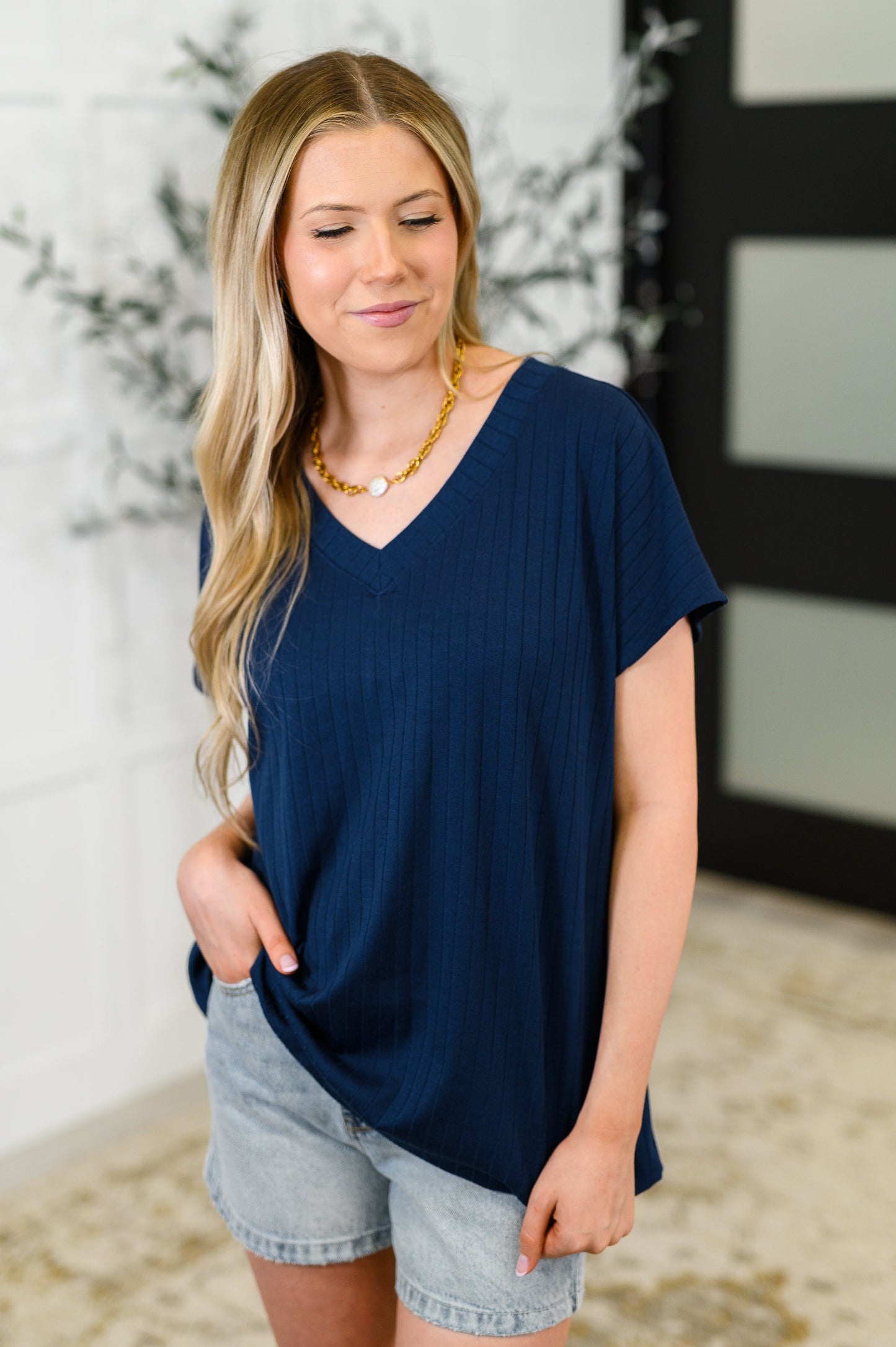 Top Shelf Basic V-Neck Ribbed Tee in Navy - Southern Divas Boutique
