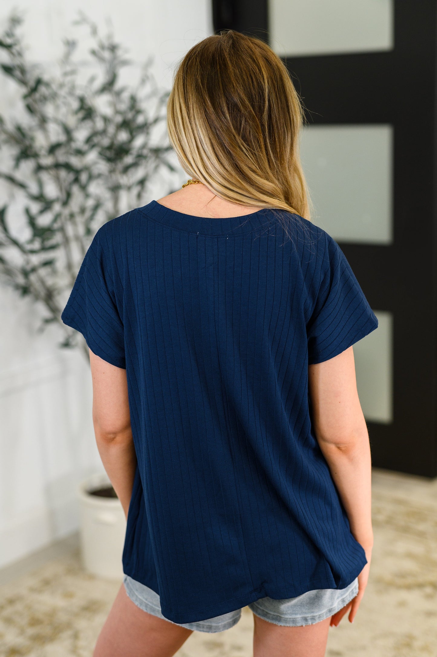 Top Shelf Basic V-Neck Ribbed Tee in Navy - Southern Divas Boutique