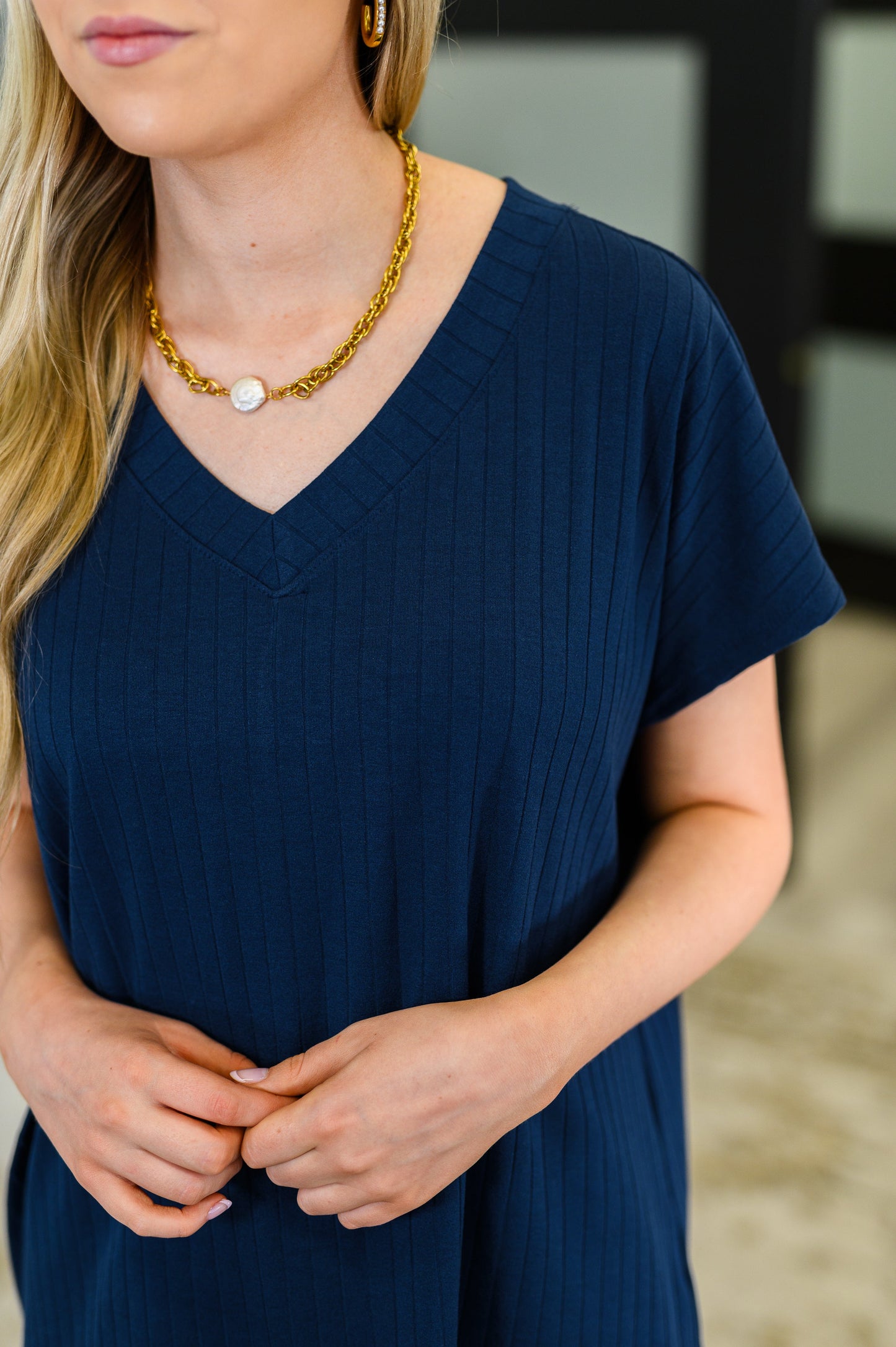 Top Shelf Basic V-Neck Ribbed Tee in Navy - Southern Divas Boutique