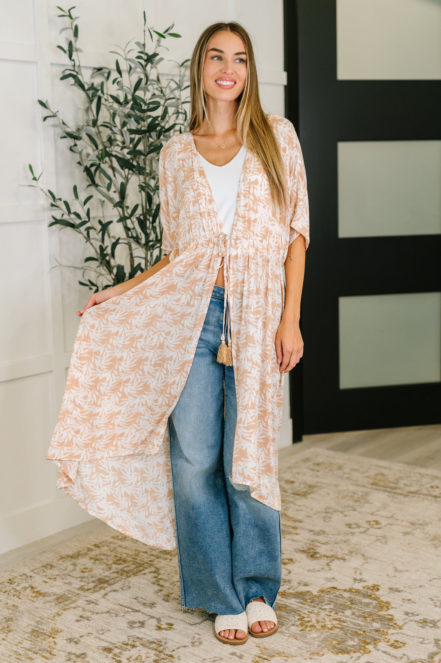 Tropical Print Gauze Kimono with Elastic Waist Tie in Milk Tea - Southern Divas Boutique