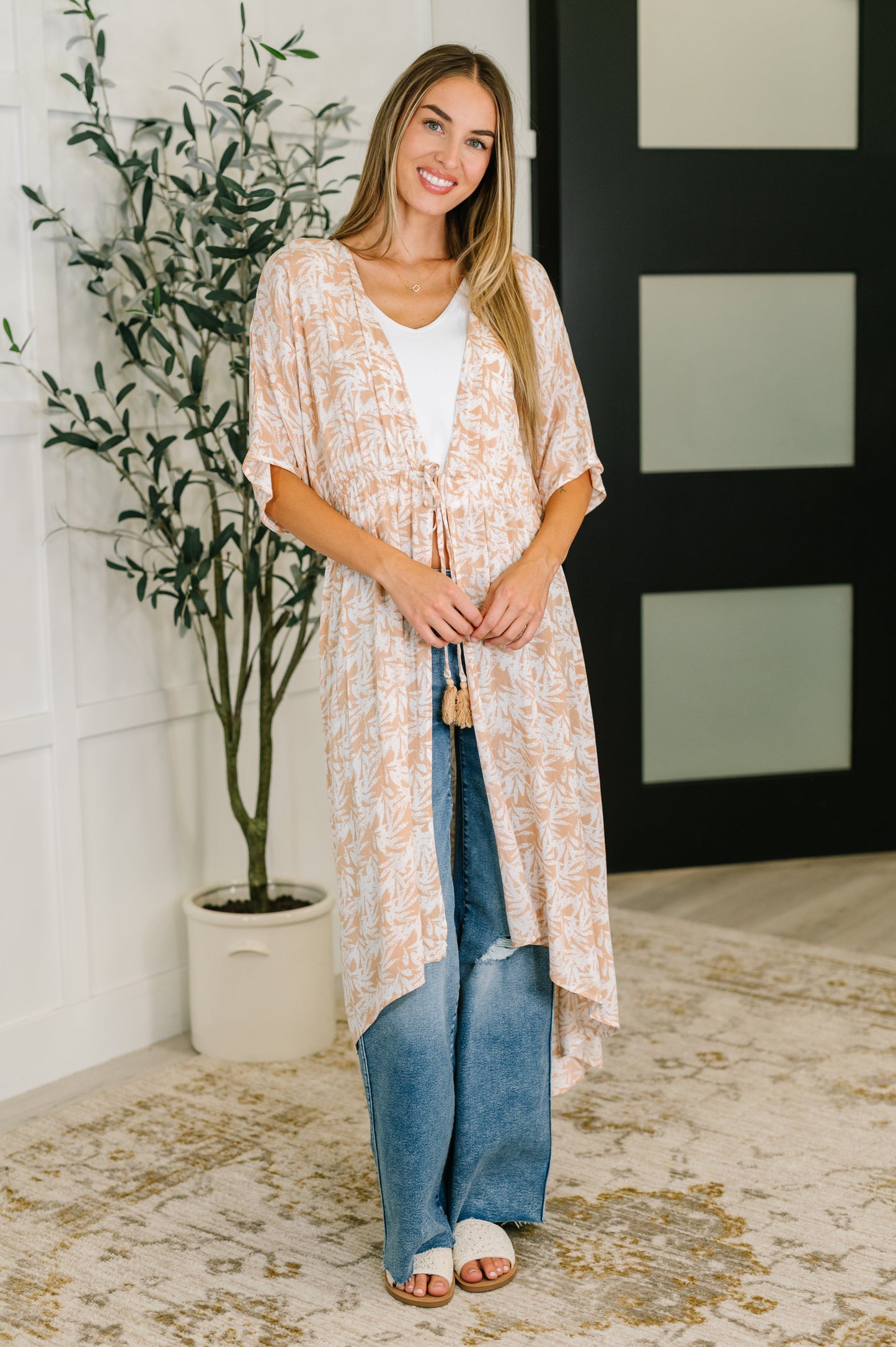 Tropical Print Gauze Kimono with Elastic Waist Tie in Milk Tea - Southern Divas Boutique