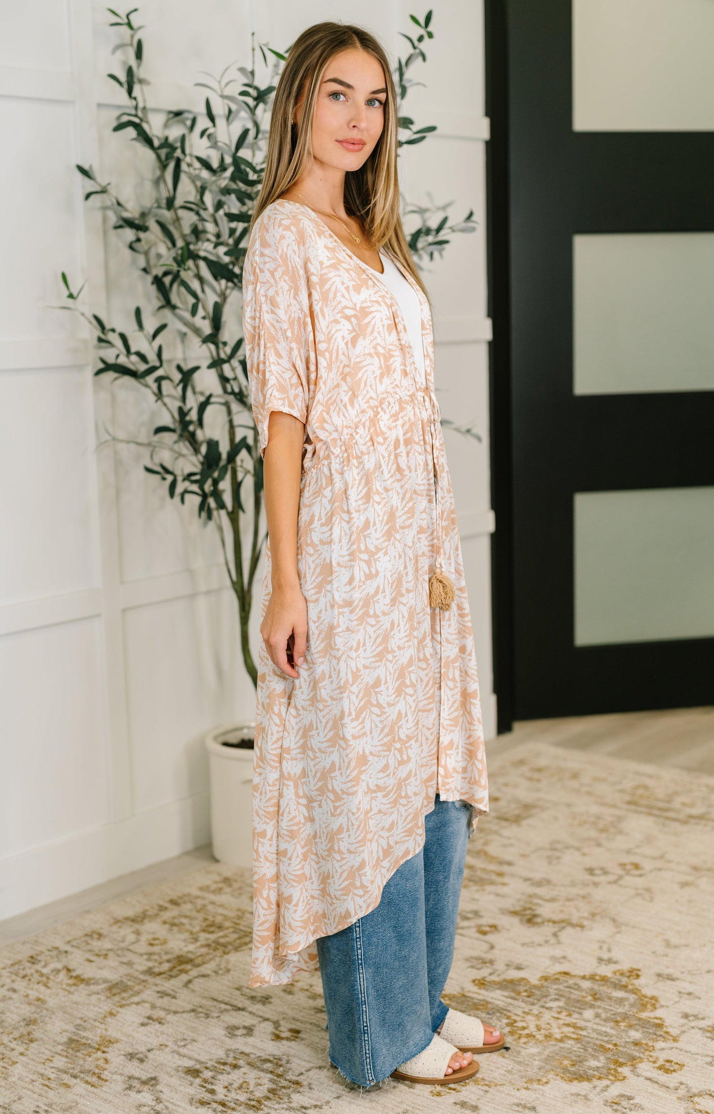 Tropical Print Gauze Kimono with Elastic Waist Tie in Milk Tea - Southern Divas Boutique