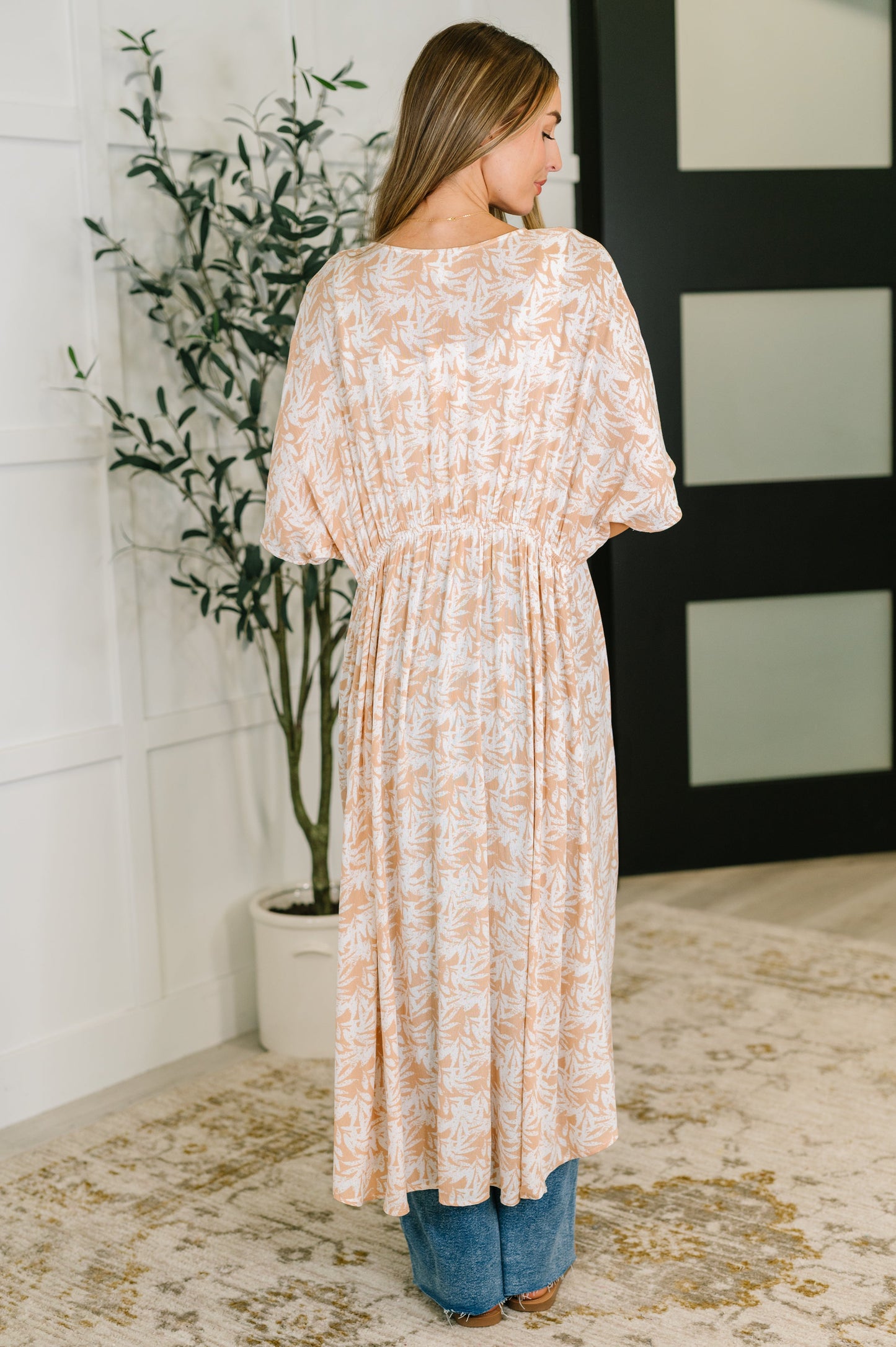 Tropical Print Gauze Kimono with Elastic Waist Tie in Milk Tea - Southern Divas Boutique