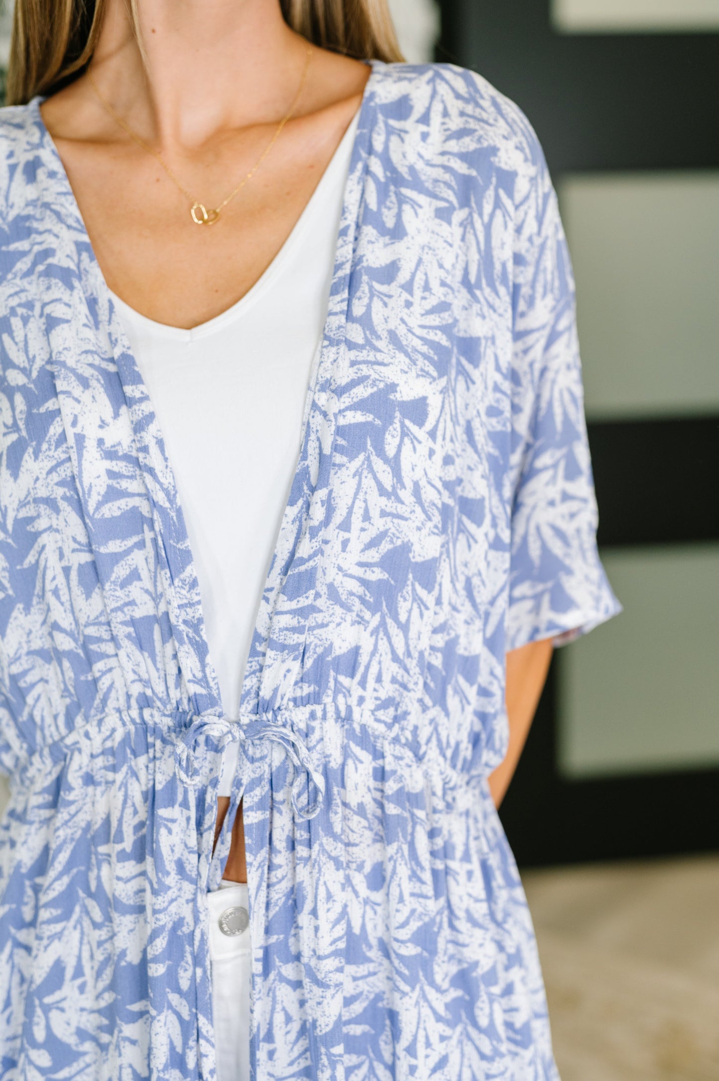 Tropical Print Gauze Kimono with Elastic Waist Tie in Periwinkle - Southern Divas Boutique