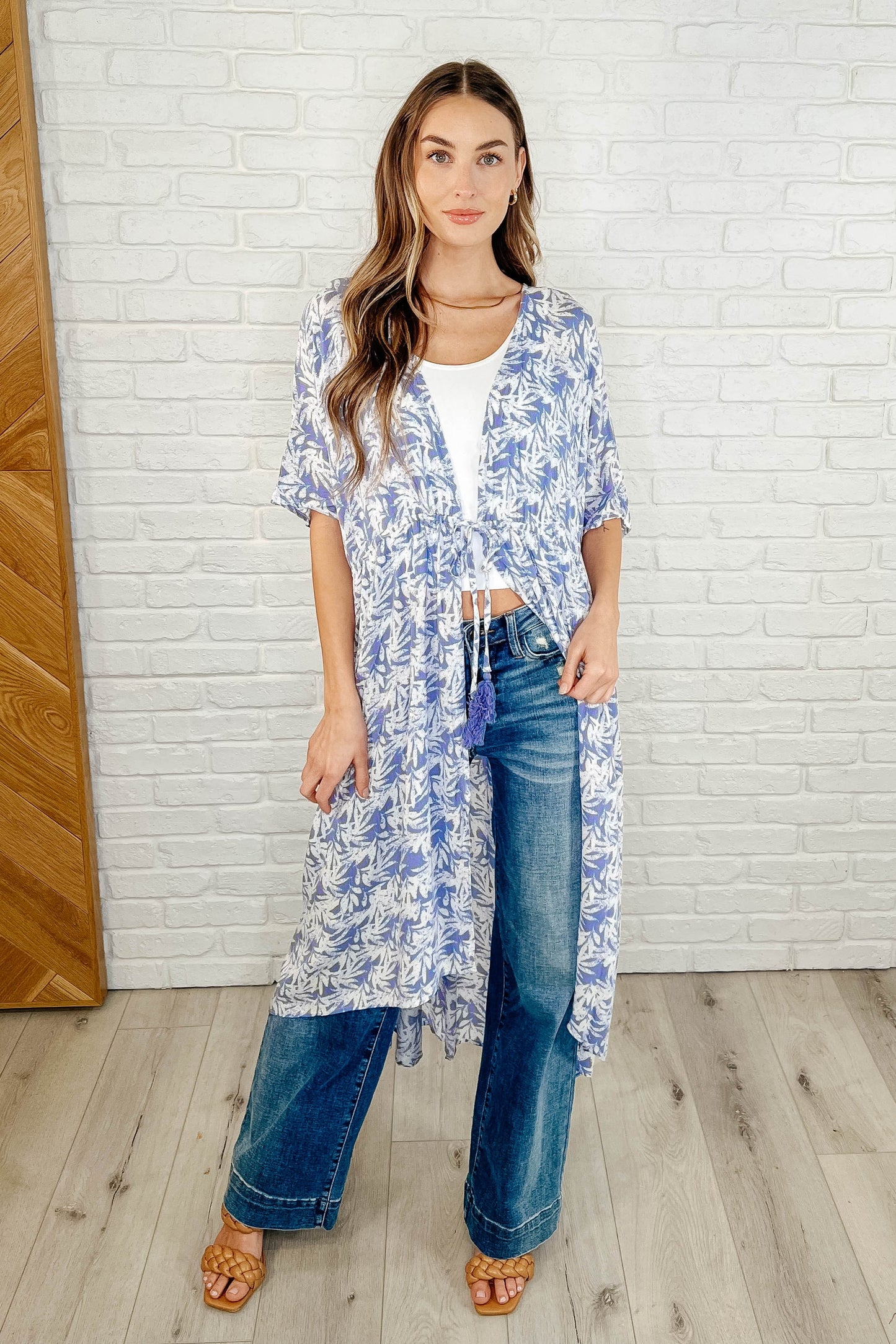 Tropical Print Gauze Kimono with Elastic Waist Tie in Periwinkle - Southern Divas Boutique