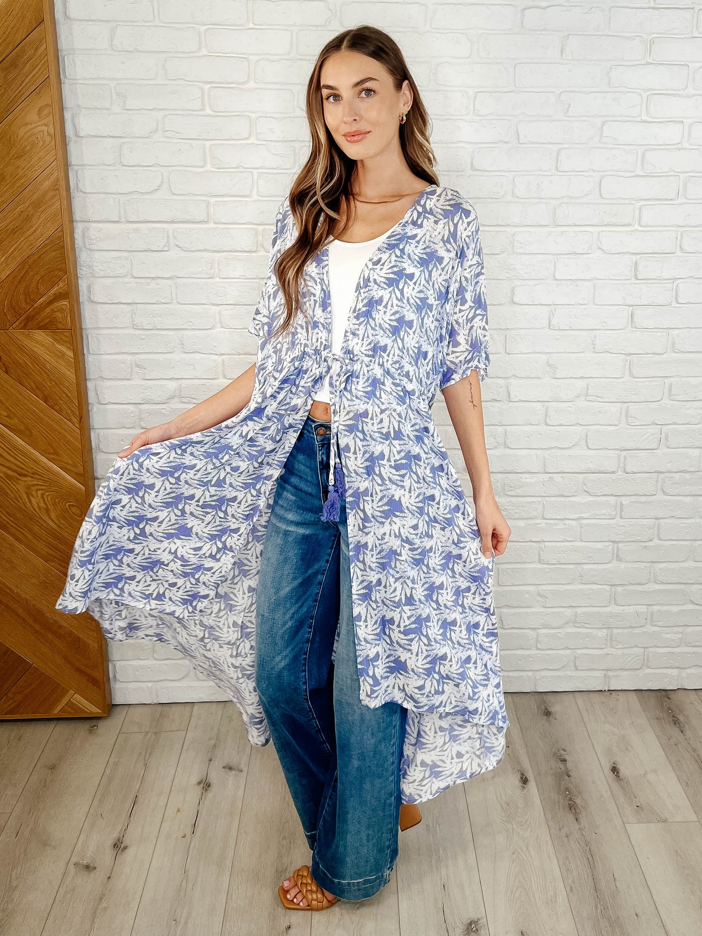 Tropical Print Gauze Kimono with Elastic Waist Tie in Periwinkle - Southern Divas Boutique