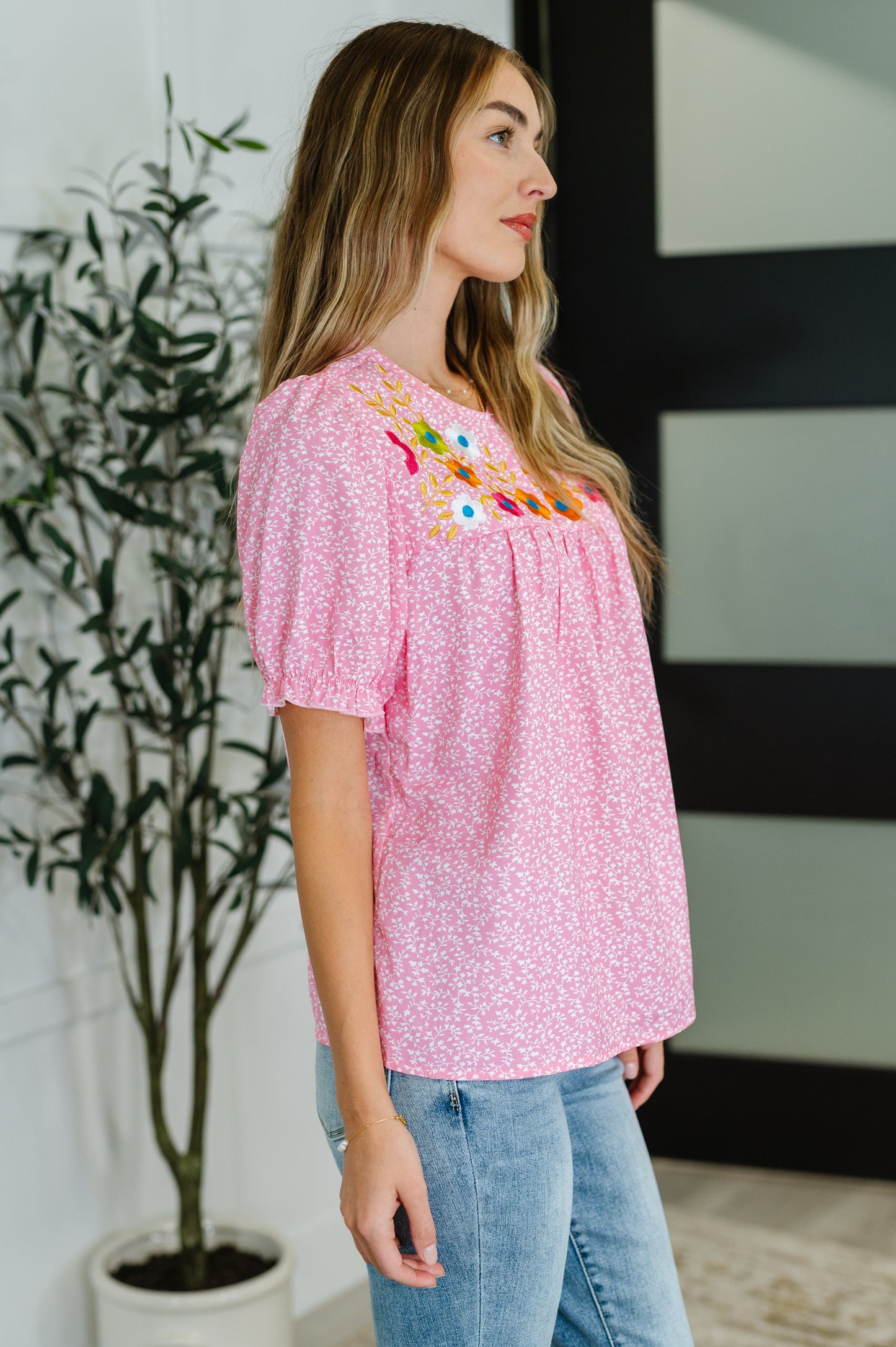 Wander Bloom Embroidered Puff Sleeve Blouse in Pink - Southern Divas Boutique