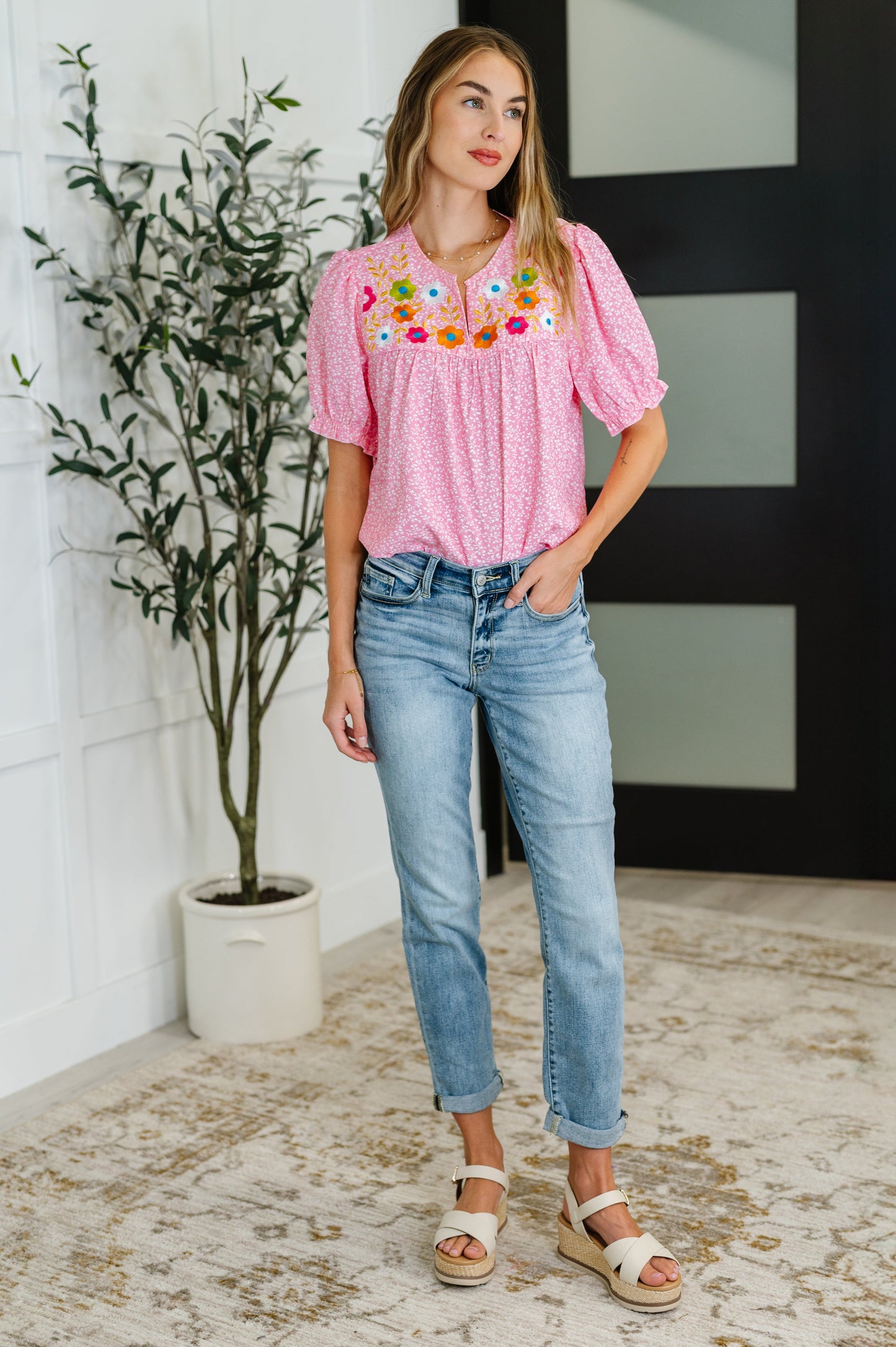 Wander Bloom Embroidered Puff Sleeve Blouse in Pink - Southern Divas Boutique