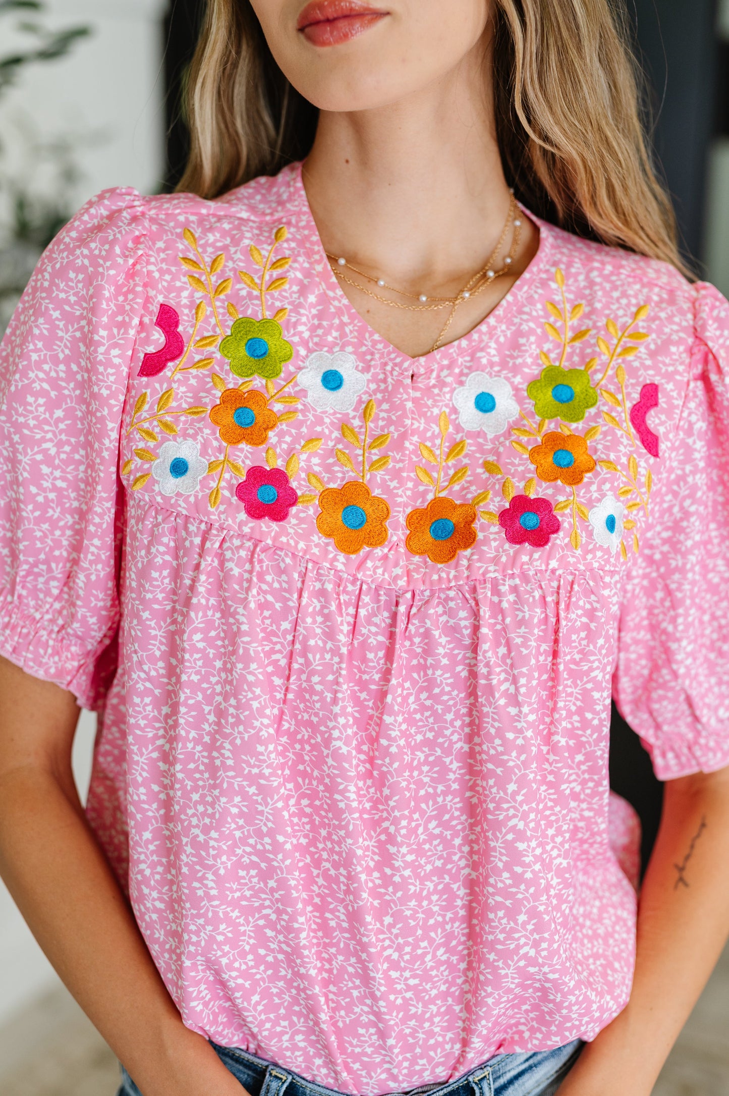 Wander Bloom Embroidered Puff Sleeve Blouse in Pink - Southern Divas Boutique