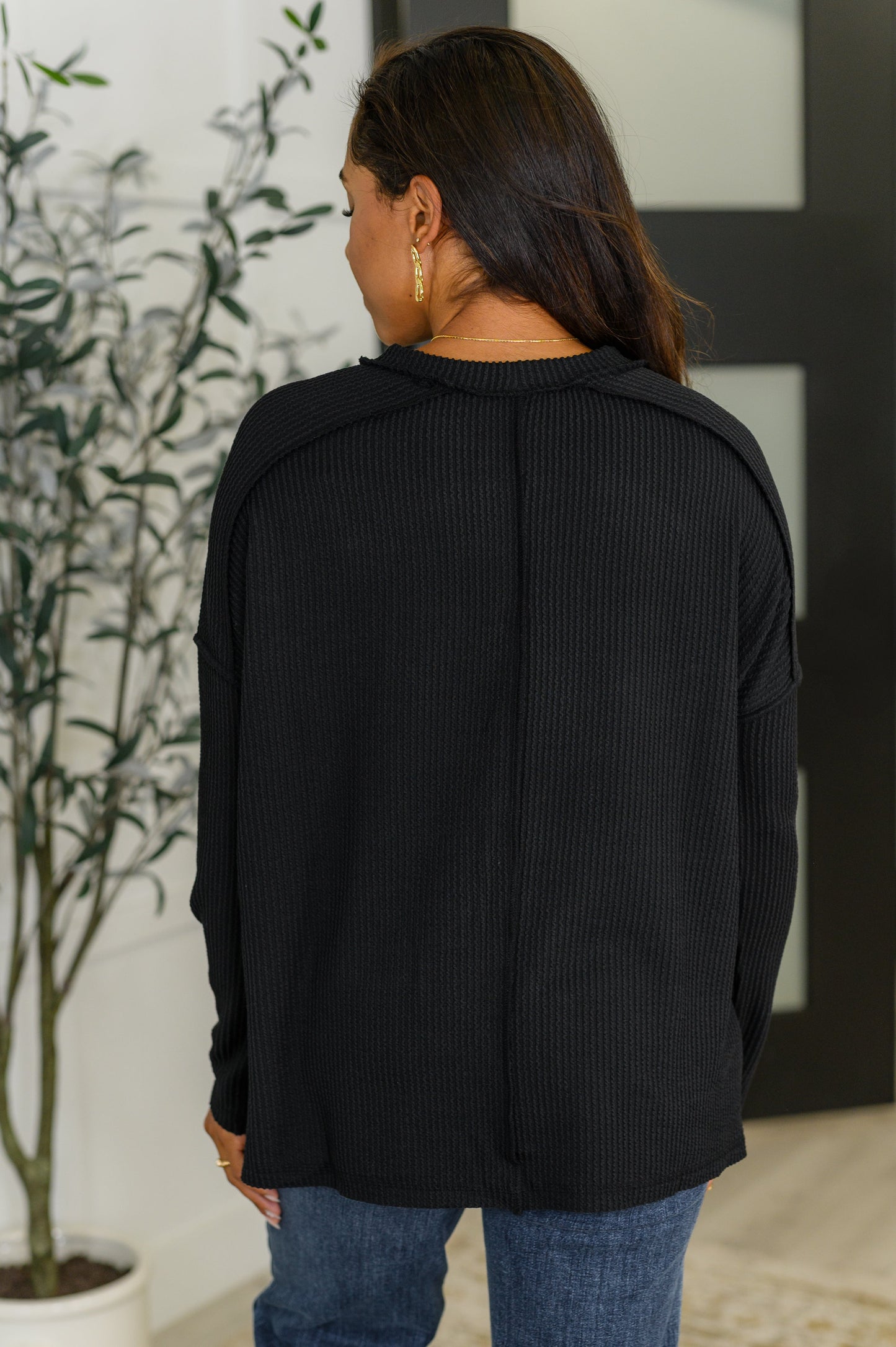 Wander & Rest Cable Ribbed Knit Drop Shoulder Top in Black - Southern Divas Boutique