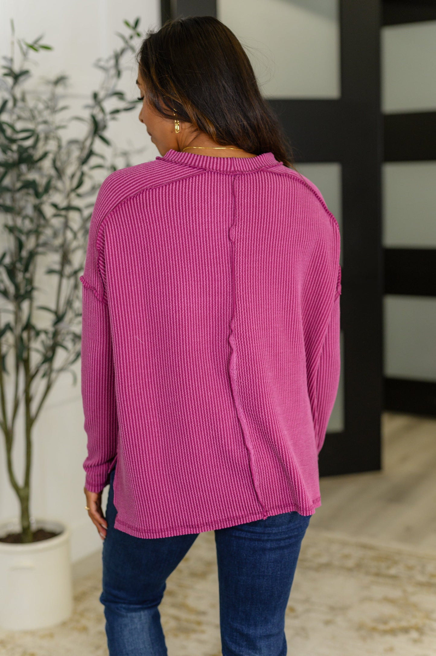 Wander & Rest Cable Ribbed Knit Drop Shoulder Top in Plum - Southern Divas Boutique