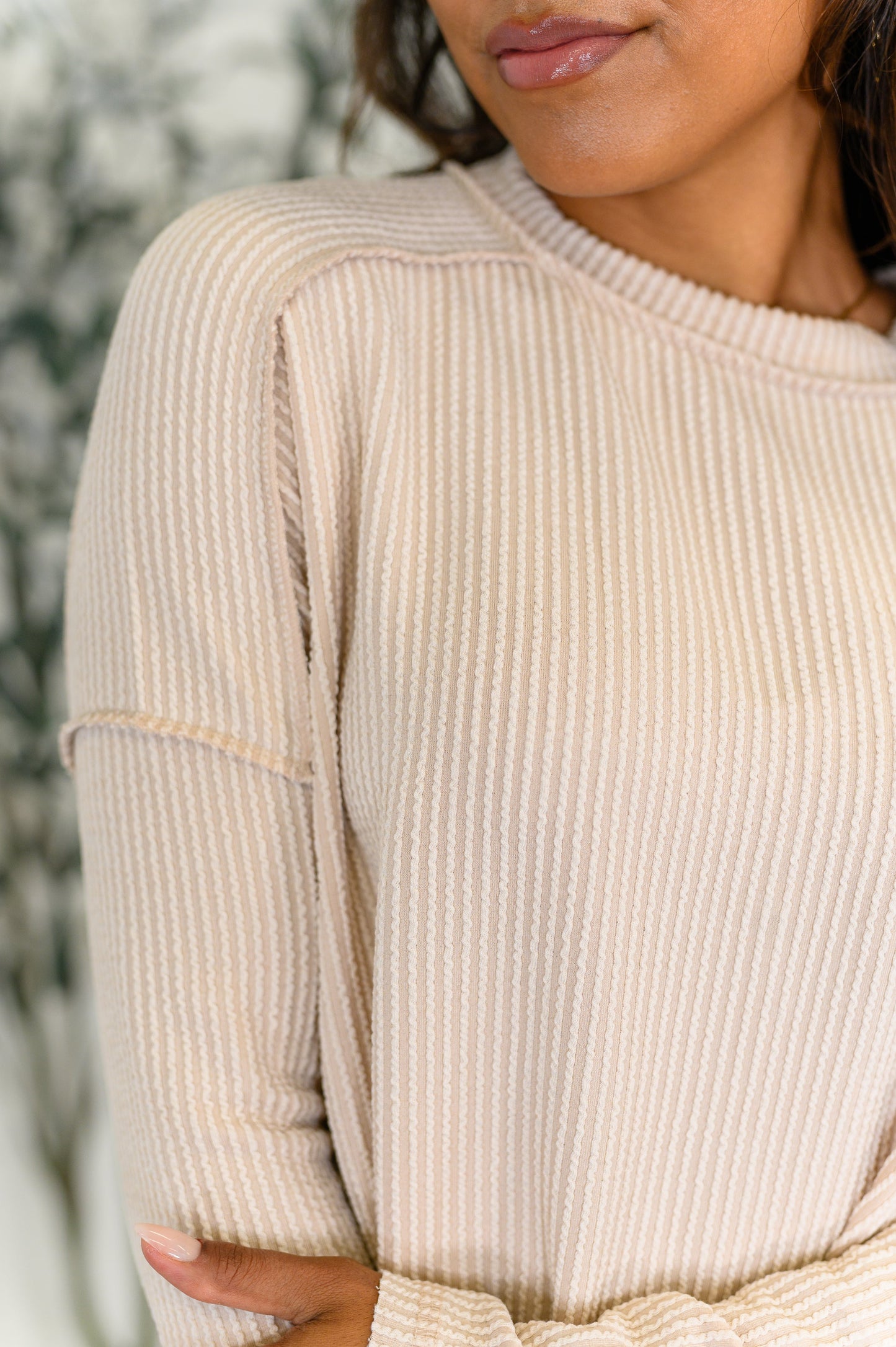 Wander & Rest Cable Ribbed Knit Drop Shoulder Top in Sand Beige - Southern Divas Boutique