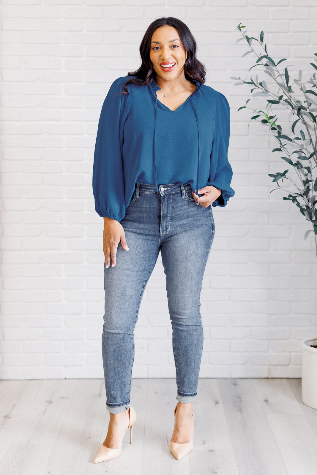 We Believe Keyhole Tie Detail Blouse - Southern Divas Boutique
