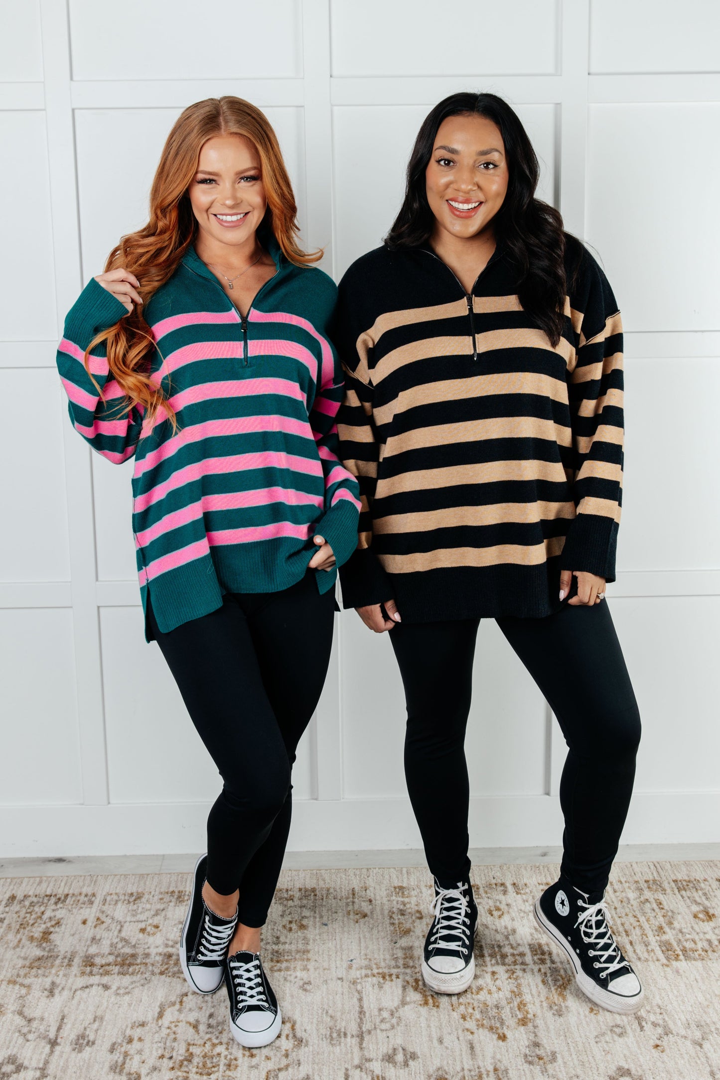 Well Situated Striped Quarter Zip Sweater in Green and Pink - Southern Divas Boutique