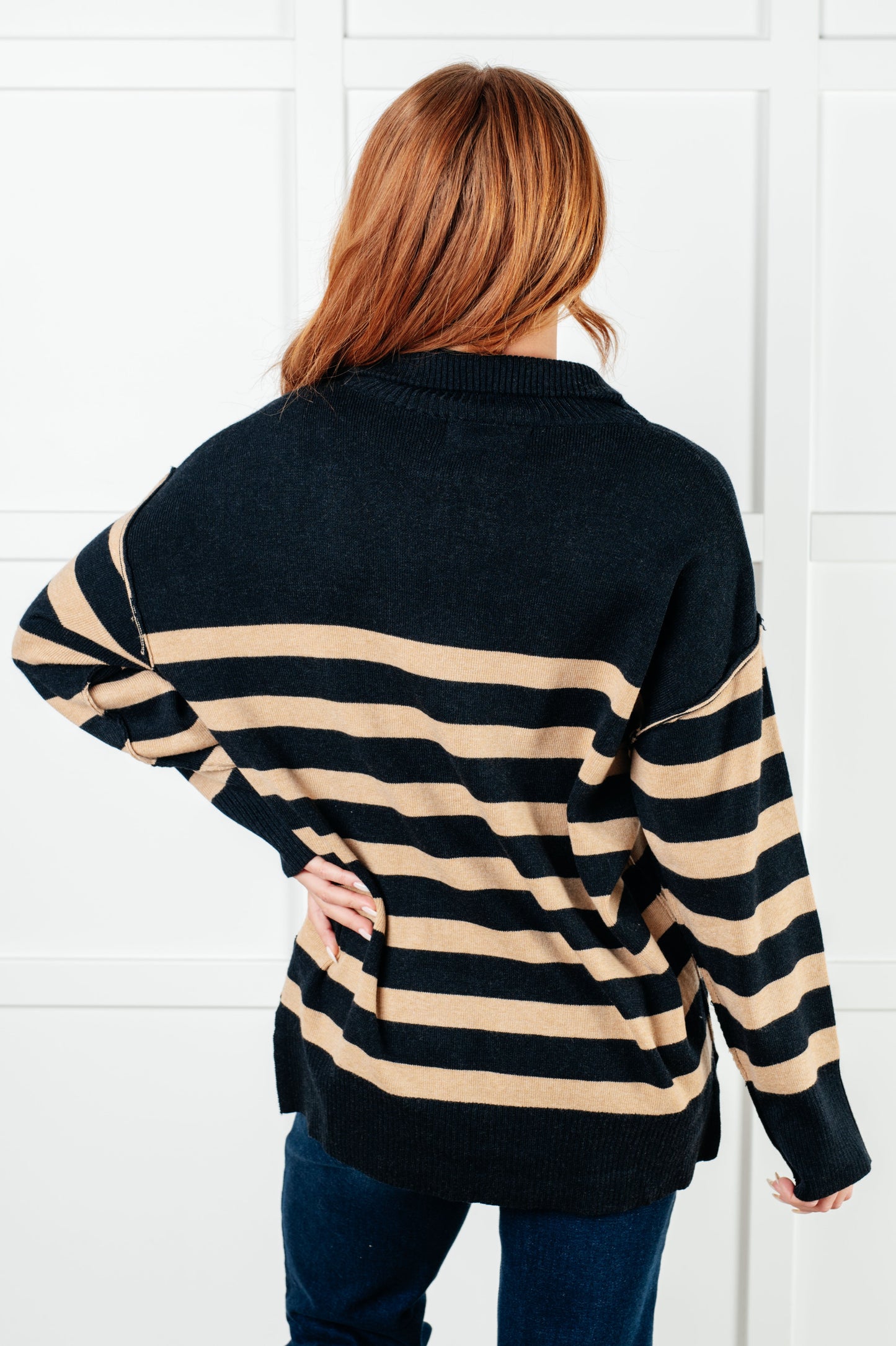 Well Situated Striped Quarter Zip Sweater in Black and Tan - Southern Divas Boutique