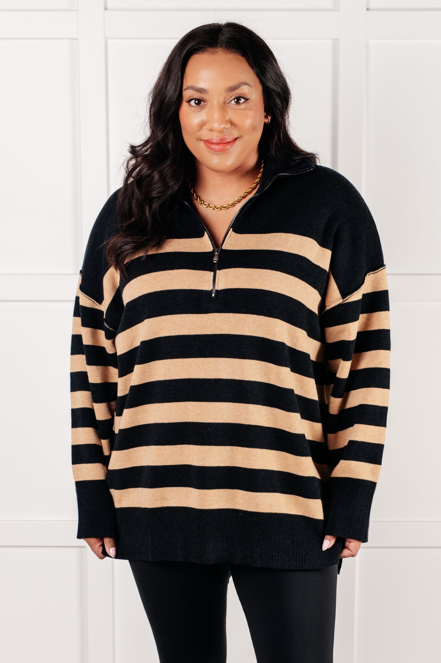 Well Situated Striped Quarter Zip Sweater in Black and Tan - Southern Divas Boutique