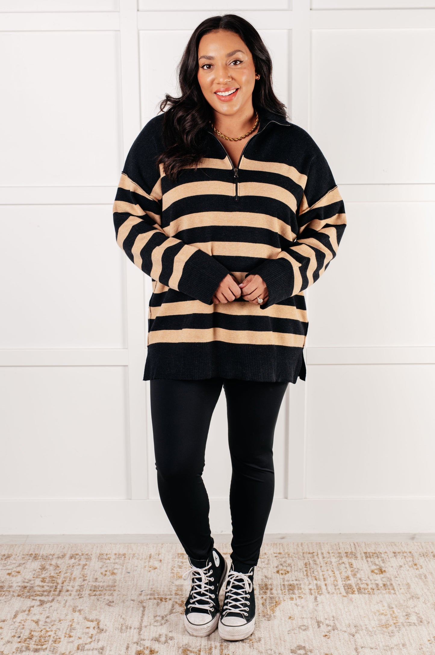 Well Situated Striped Quarter Zip Sweater in Black and Tan - Southern Divas Boutique