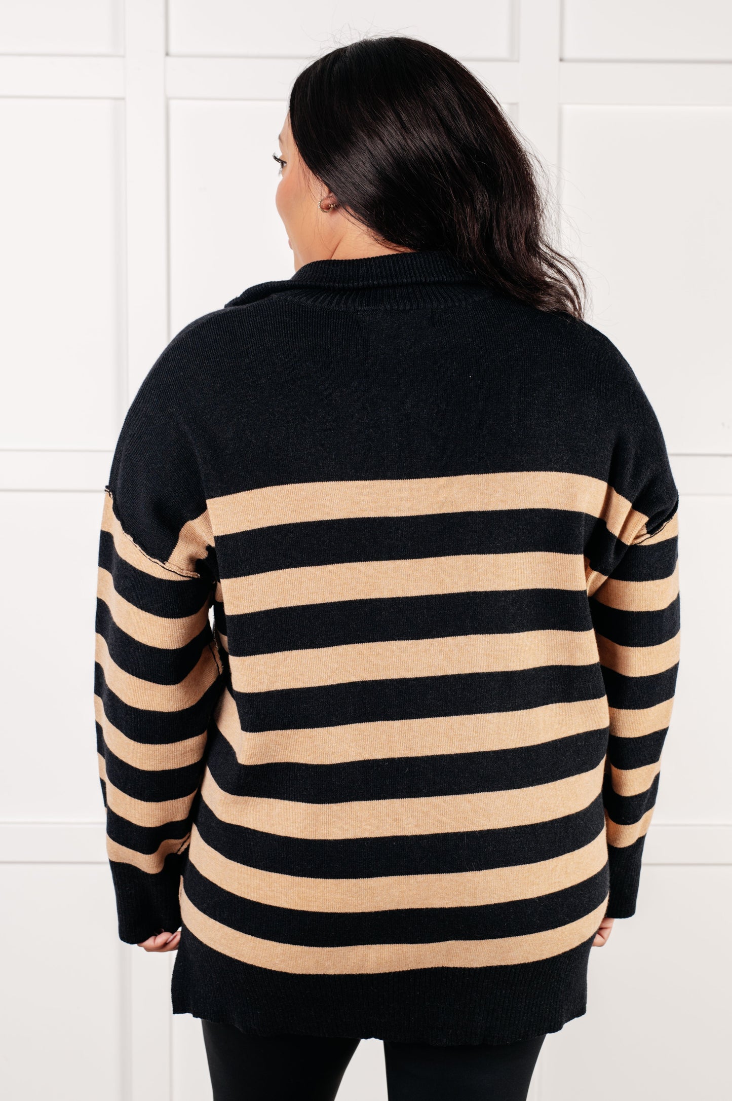 Well Situated Striped Quarter Zip Sweater in Black and Tan - Southern Divas Boutique