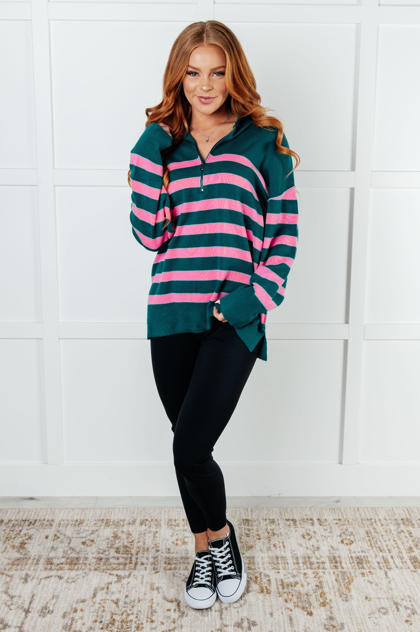Well Situated Striped Quarter Zip Sweater in Green and Pink - Southern Divas Boutique