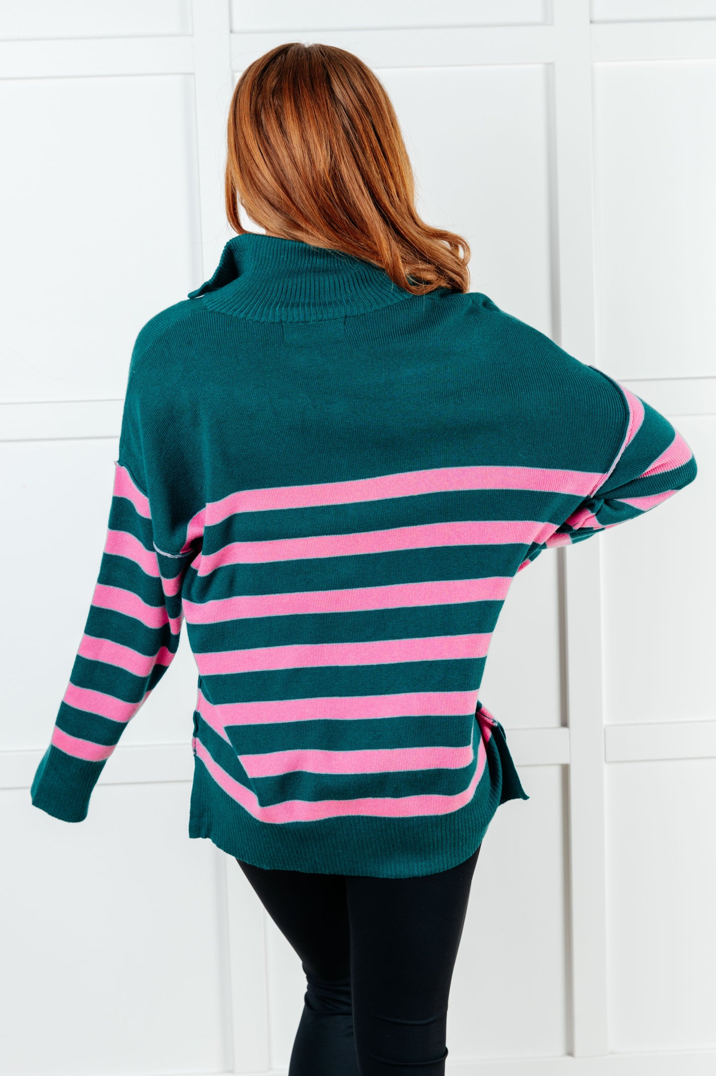 Well Situated Striped Quarter Zip Sweater in Green and Pink - Southern Divas Boutique