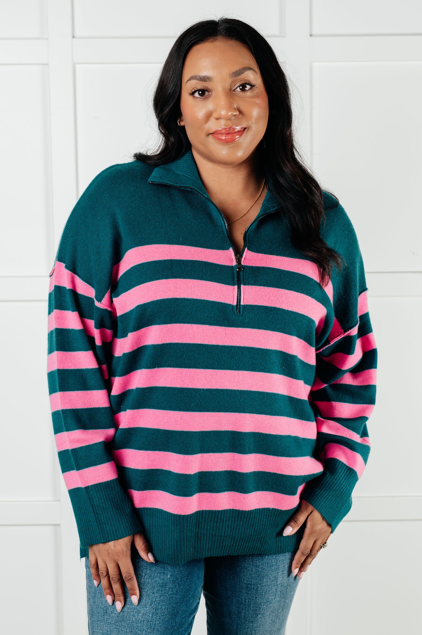 Well Situated Striped Quarter Zip Sweater in Green and Pink - Southern Divas Boutique