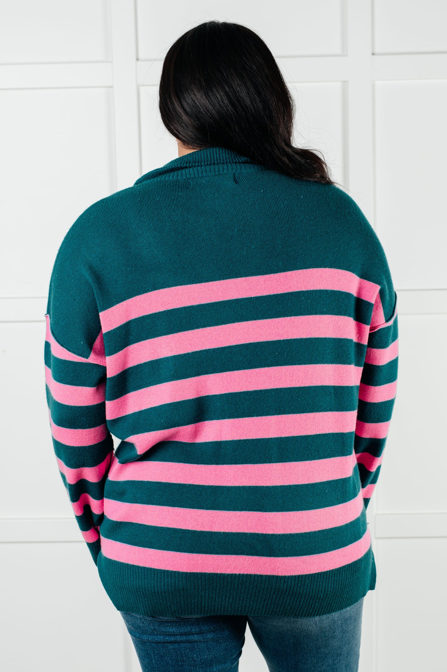 Well Situated Striped Quarter Zip Sweater in Green and Pink - Southern Divas Boutique