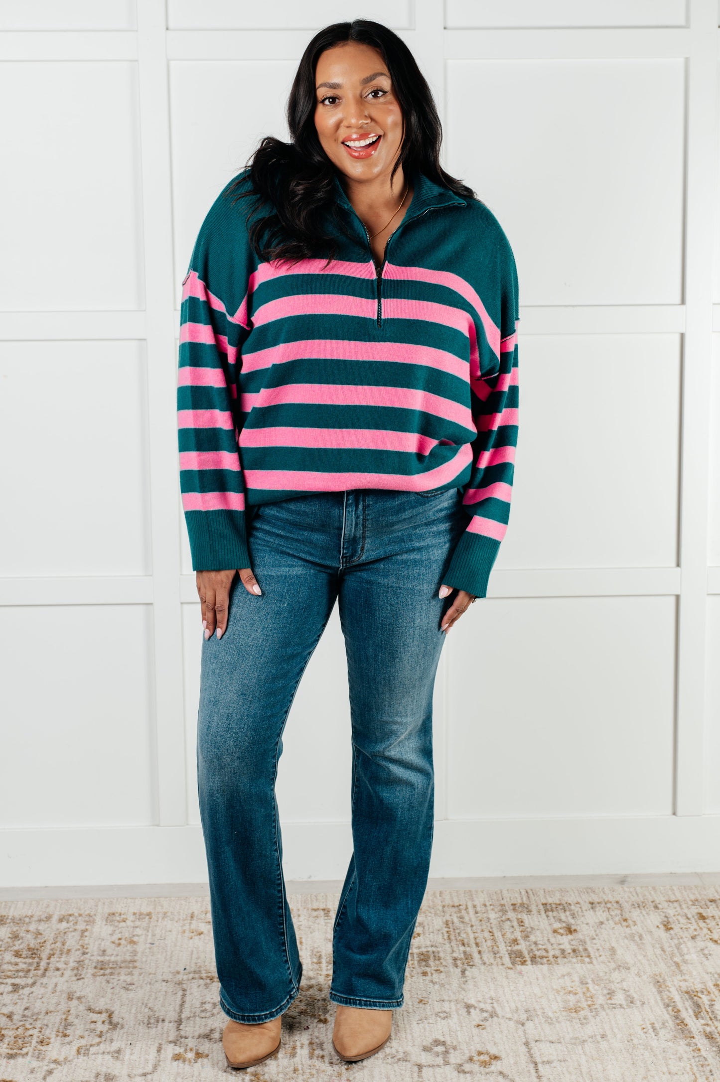 Well Situated Striped Quarter Zip Sweater in Green and Pink - Southern Divas Boutique