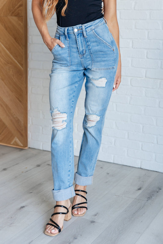 Aiden High Rise Patch Pocket Distressed Boyfriend Jeans - Southern Divas Boutique