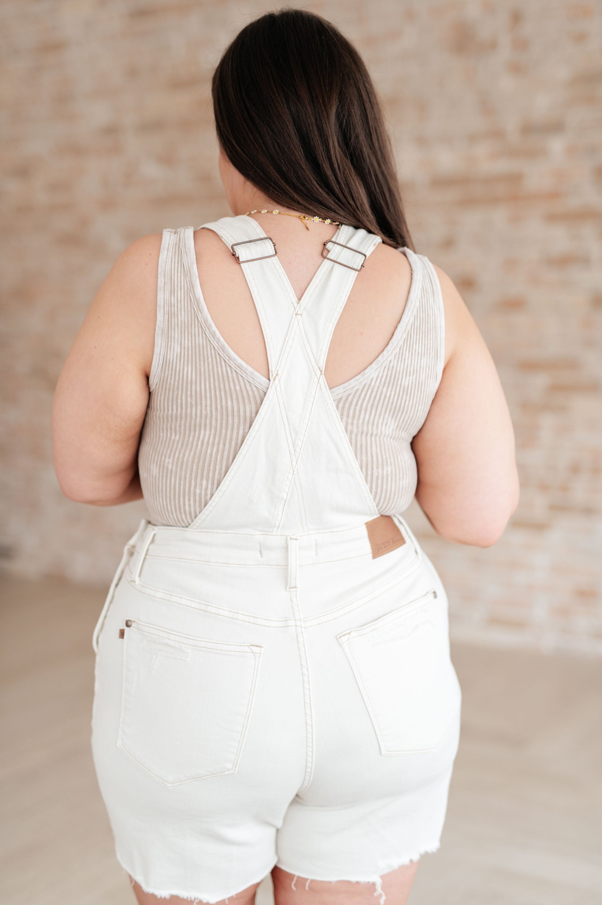 Anna High Rise Garment Dyed Cutoff Shortalls in Ecru - Southern Divas Boutique