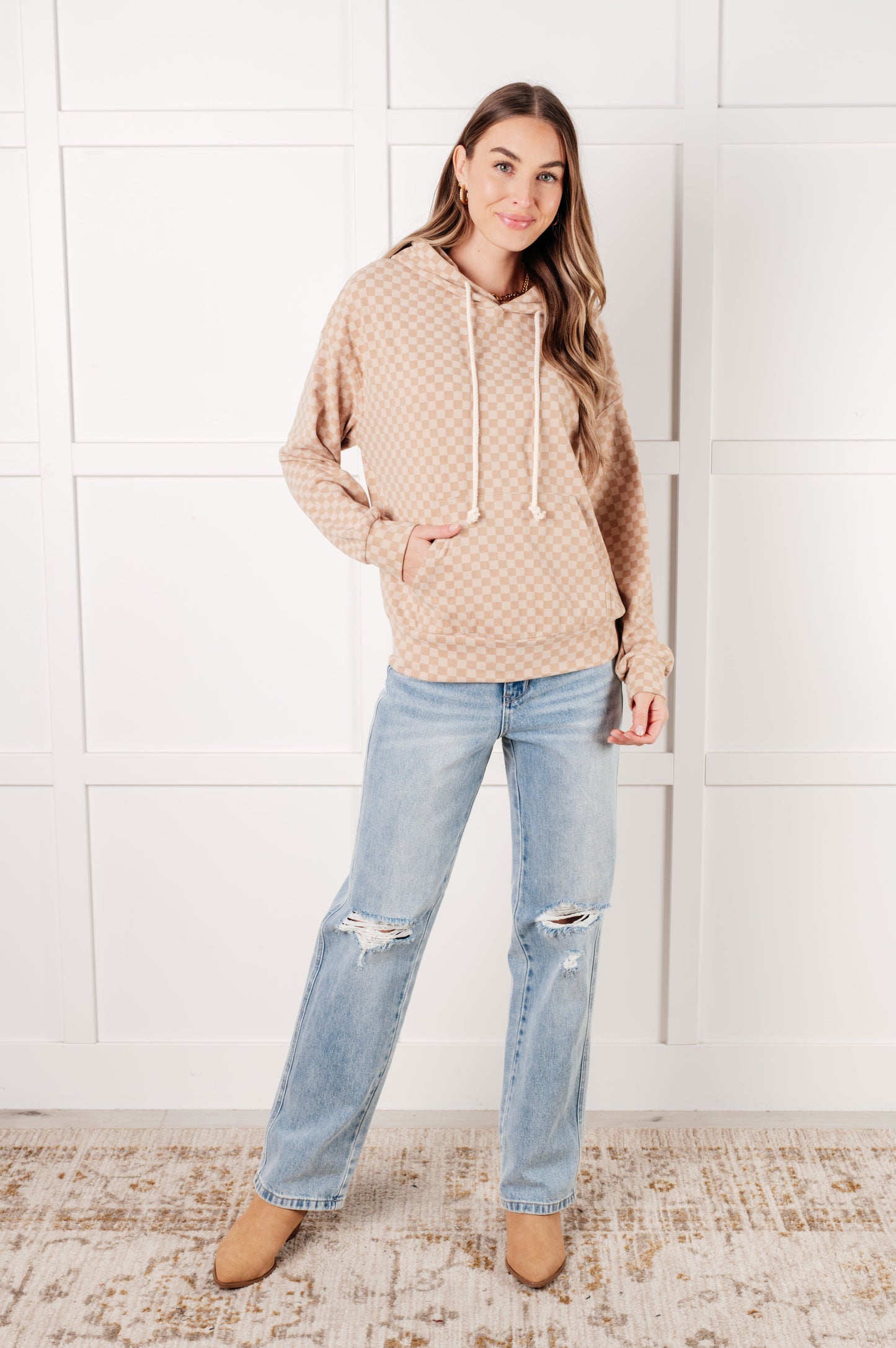 Ask Me Out Checkered Hoodie in Khaki - Southern Divas Boutique