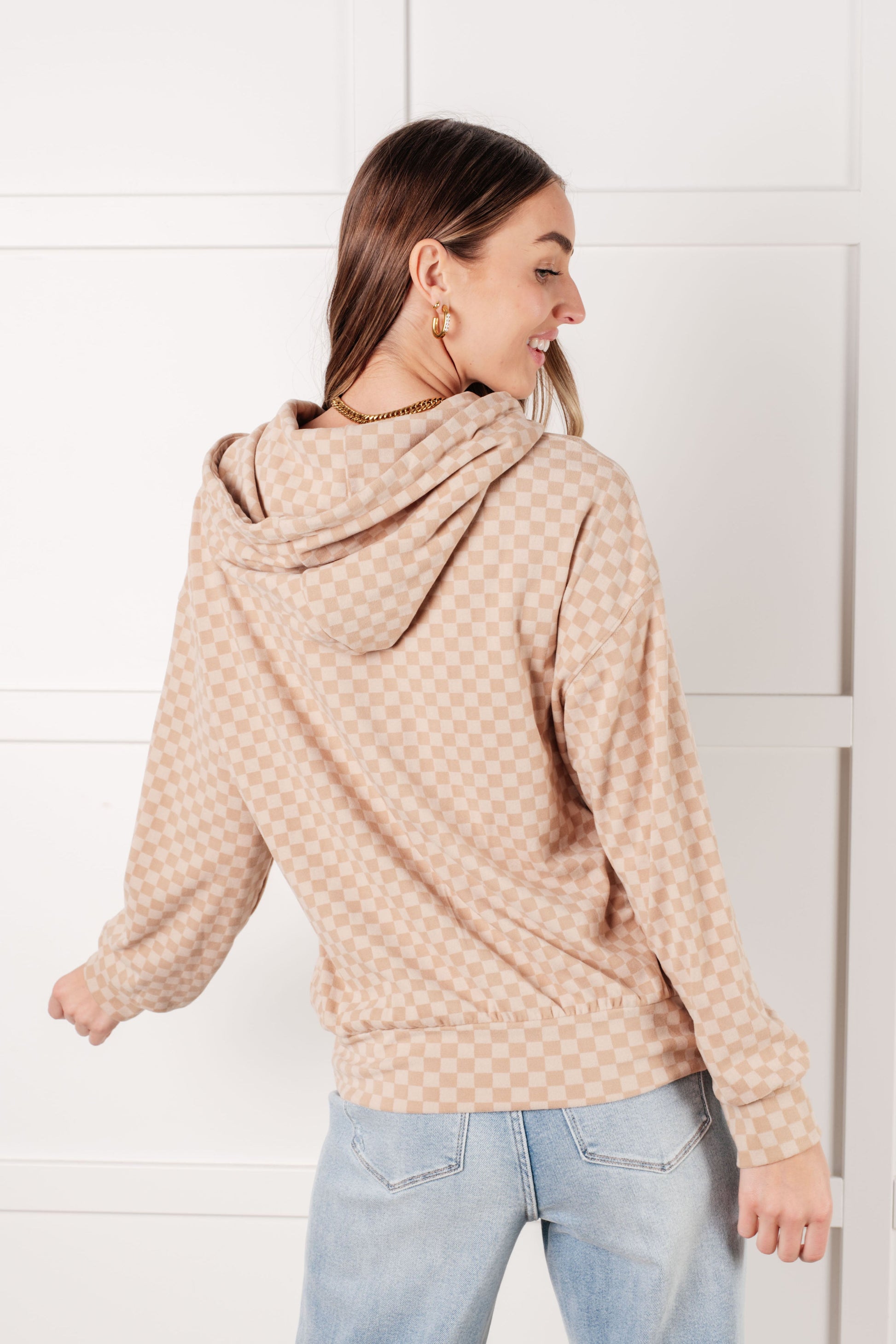 Ask Me Out Checkered Hoodie in Khaki - Southern Divas Boutique