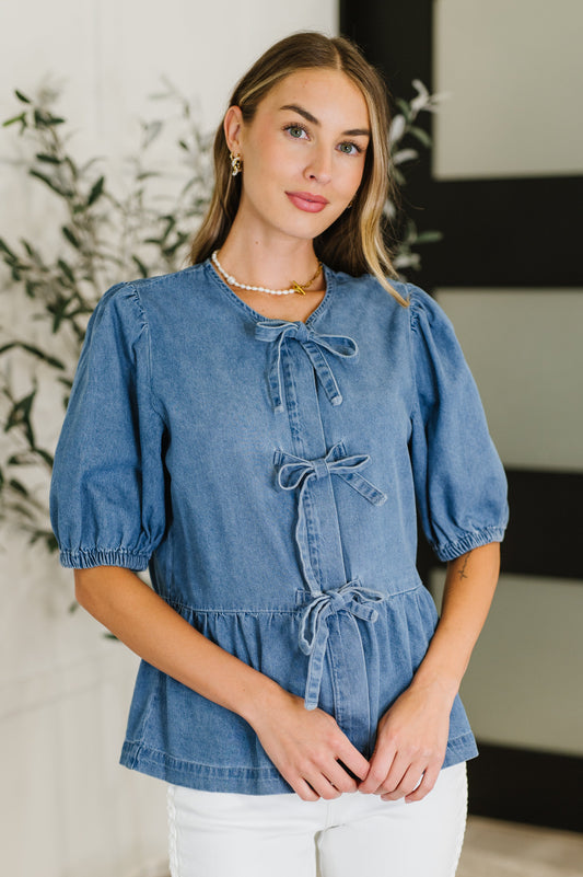 PREORDER: Balloon Sleeve Chambray Bow Blouse - Southern Divas Boutique