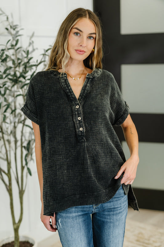 Basic Fade V-Neck Acid Wash Top in Ash Black - Southern Divas Boutique