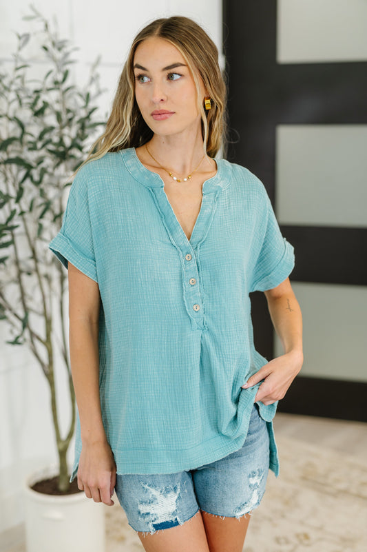 Basic Fade V-Neck Acid Wash Top in Dusty Teal - Southern Divas Boutique