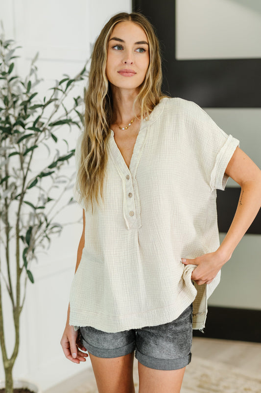 Basic Fade V-Neck Acid Wash Top in Sand Beige - Southern Divas Boutique
