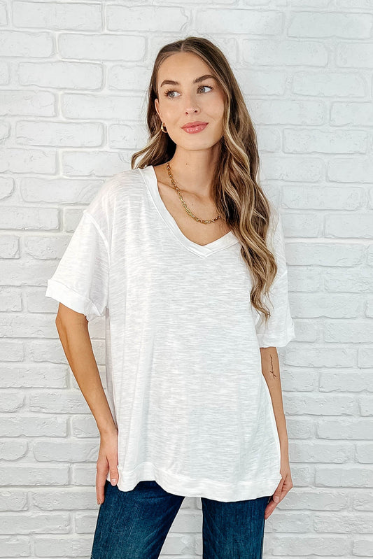 Basic Instinct Drop Shoulder V-Neck Tee in Ivory - Southern Divas Boutique