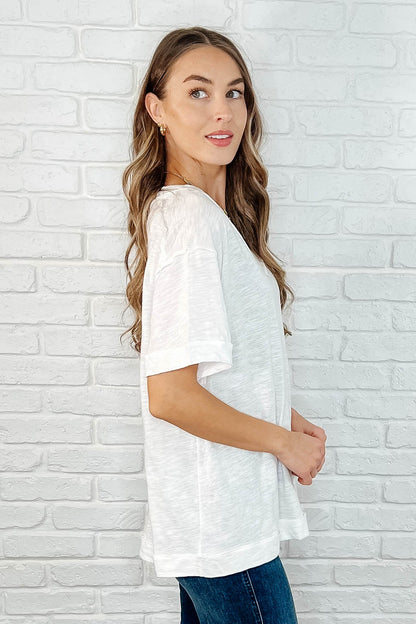 Basic Instinct Drop Shoulder V-Neck Tee in Ivory - Southern Divas Boutique