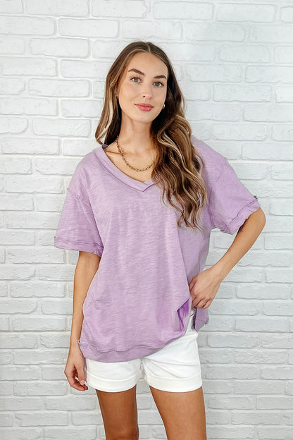 Basic Instinct Drop Shoulder V-Neck Tee in Lilac - Southern Divas Boutique