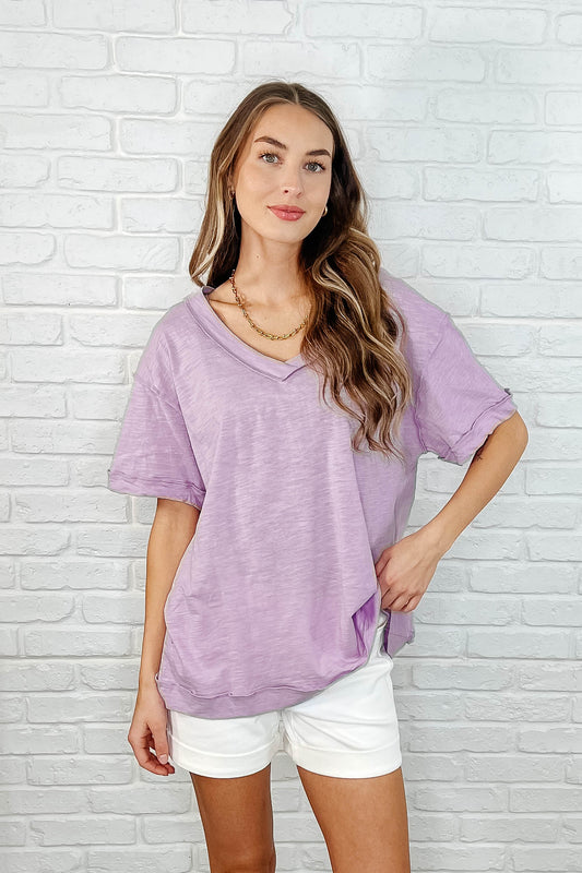 Basic Instinct Drop Shoulder V-Neck Tee in Lilac - Southern Divas Boutique