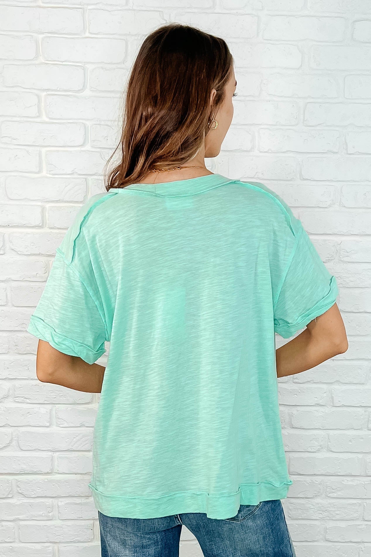 Basic Instinct Drop Shoulder V-Neck Tee in Mint - Southern Divas Boutique