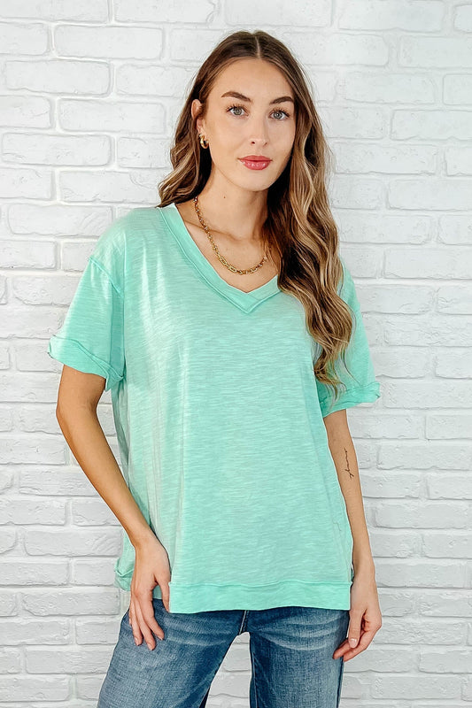 Basic Instinct Drop Shoulder V-Neck Tee in Mint - Southern Divas Boutique