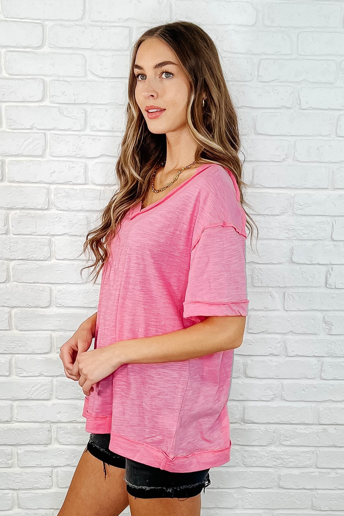 Basic Instinct Drop Shoulder V-Neck Tee in Pink - Southern Divas Boutique